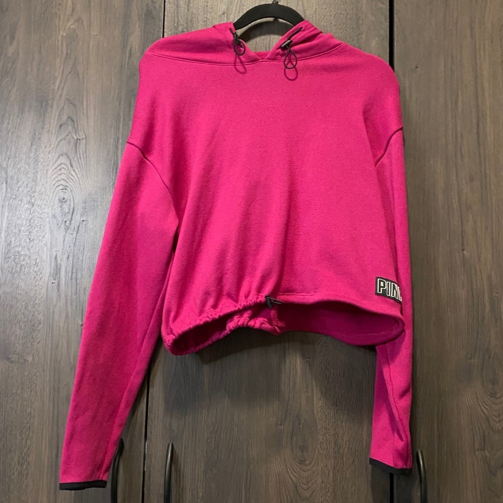 PINK Victoria's Secret Hot Pink Cropped Hoodie Sweatshirt Bungee Hem Medium
